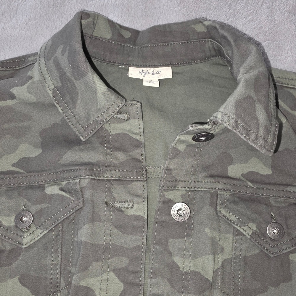 Style & Co Womens Camo Denim Trucker Jacket Green Camouflage Medium